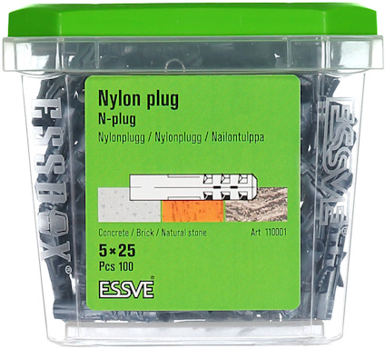 Förpackning med 100 stycken 5x25 mm nylonpluggar för betong, tegel och natursten. Art nr: 110001. Märke: ESSVE.
