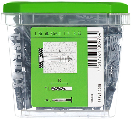 Plastlåda med grå skruvplugg, etikett med mått: L: 25, dk: 2,5-4,0, T: 5, R: 35. Märke: Essve