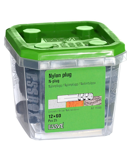 Plastlåda med grönt lock innehållande nylonplugg. Etikett: "Nylon plug N-plug 12 x 60 Pcs 25 ESSVE".