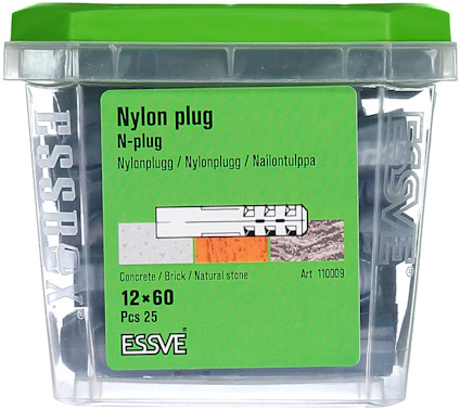 En plastförpackning med 25 ESSVE nylonpluggar, 12x60 mm. Etikett visar användningsområde för betong, tegel och natursten. Art.nr 110009.