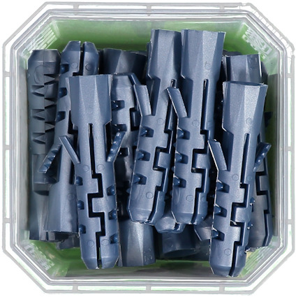 Låda med flera blå plastpluggar ordnade vertikalt.