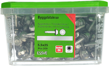Förpackning med byggplåtskruv, 5,5x25 mm, 200 st, grön lock, Essve-märke, text på svenska och engelska.