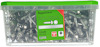 Transparent låda med skruvar, etikett text: "Byggplåtskruv, 5,5x25, Pcs 200, ESSVE".