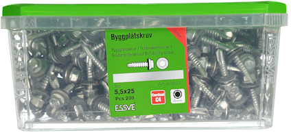 Transparent låda med skruvar, etikett text: "Byggplåtskruv, 5,5x25, Pcs 200, ESSVE".