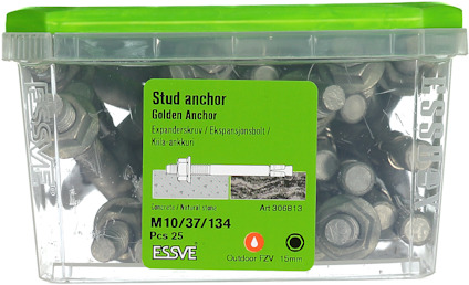 Plastlåda med stud anchor-bultar från ESSVE. Grön topp, märkning M10/37/134, 25 st, Art 306813. Förpackning är transparent.