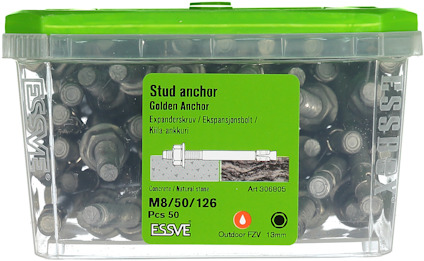 Plastlåda med märket ESSVE innehållande 50 stycken M8 stud anchors.