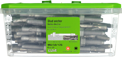 Produktlåda med ESSVE stud anchor, Golden Anchor M8/50/126, 50 st. Grön lock, genomskinlig plast.