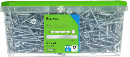 Plastlåda med gipskruvar, etikett märkt "FZB C1", 3,5 x 41 mm, innehåll 900 st.