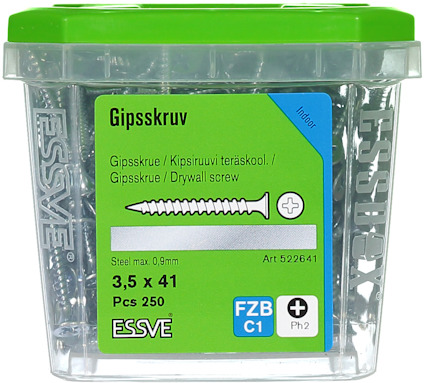 Förpackning med 250 gipsskruvar, 3,5 x 41 mm, ESSVE, med grön lock och märkt text.