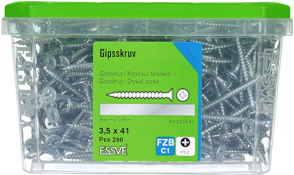Plastlåda med 250 gipsskruvar, storlek 3,5 x 41 mm, stål max 0,9 mm, grönt lock, etikett med produktinformation från Essve.