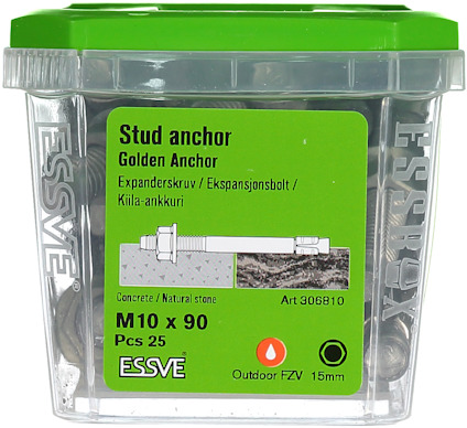 Plastbehållare med studsankare, märkt "Golden Anchor". Text: M10 x 90, Art 306810, Pcs 25, ESSVE, Outdoor FZV 15mm.