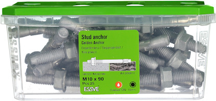 Plastlåda med expanderbult M10 x 90, märkt "Stud anchor Golden Anchor".