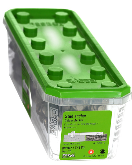 Plastförpackning med grönt lock innehållande 25 st M10/77/174 expanderbultar, märkta "Golden Anchor".