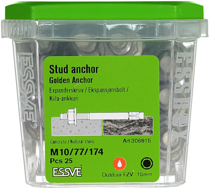Förpackning med Essve stud anchors, 25 st, M10/77/174, för betong/natursten.