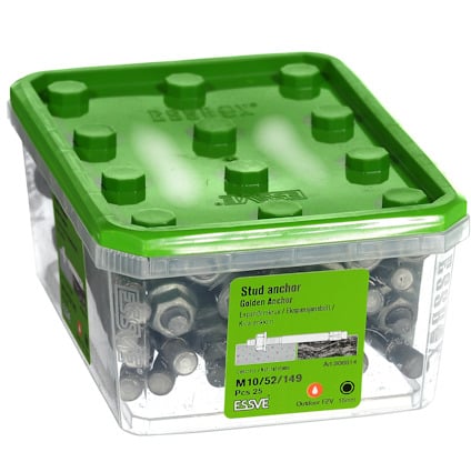 Förpackning med 25 st expanderbult med grön och transparent plast. Märkt "Stud anchor Golden Anchor, ESSVE".