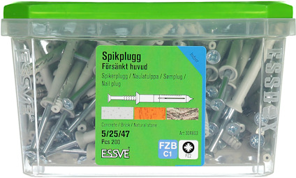Förpackning med ESSVE spikplugg, försänkt huvud, 5/25/47mm, 200 st, artikelnummer 301803.
