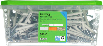 Förpackning med ESSVE spikpluggar, försänkt huvud, 5x25/47 mm, 200 stycken. Art-nr: 584653.