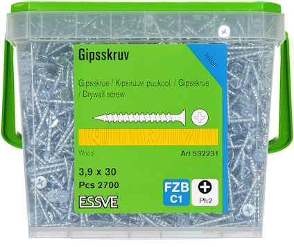 Plastlåda med 2700 gipsskruvar, 3,9 x 30 mm. Märkt "ESSVE", "Art 532231" och "FZB C1 Ph2".