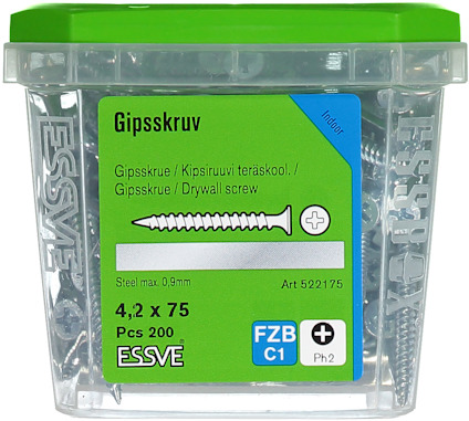 Förpackning med gipsskruvar i plastlåda, grön etikett. Text: "Gipsskruv", "4,2 x 75", "Pcs 200".