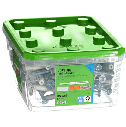 Plastlåda med grönt lock innehållande spikpluggar, märkning "Spikplugg Försänkt huvud B/25/60 PCS 100 FZB C1".
