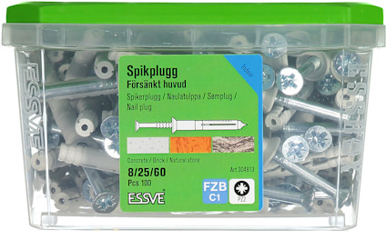 Förpackning med spikplugg, Essve, storlek 8/25/60, 100 st, grön etikett med beskrivning på flera språk.