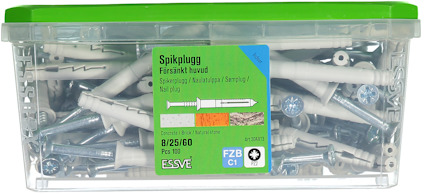 Förpackning med Essve spikpluggar, försänkt huvud, storlek 8/25/60, innehåll 100 st.
