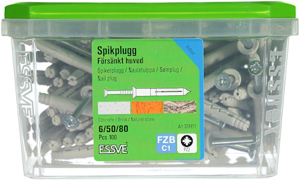 Förpackning med spikpluggar, Essve-märke, innehållande 100 stycken, storlek 6/50/80 för betong och tegel.