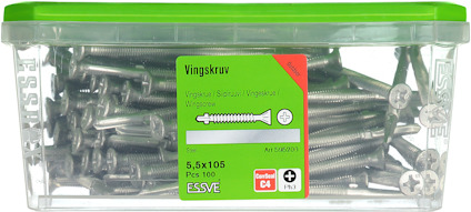 Plastförpackning med 100 vingskruvar, stål, 5,5x105 mm, ESSVE. Grön lock och etikett med produktinformation.