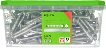 Plastlåda med vingkruvar, etikett märkt "Vingkruv", 6,3x70, 150 st, ESSVE, art 1059171, grön lock.