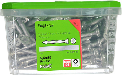 Förpackning med vingskruvar, 5,5x85 mm, 150 st, märkt ESSVE, i genomskinlig plastlåda med grön lock.