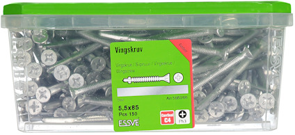 Plastlåda med vingskruvar, märkning: 5,5x55 mm, 150 st, ESSVE. Grönt lock, etikett med produktinformation.
