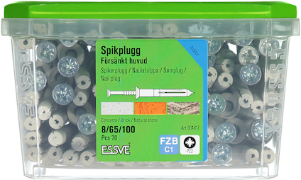 Förpackning med spikplugg från ESSVE, 8/65/100, 70 stycken. Grönt lock och etikett med illustration.