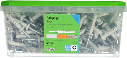 Plastlåda med spikplugg från ESSVE, etikett med information: 6/5/32, PES 200, FZB C1, artikelnummer 566633. Grönt lock.
