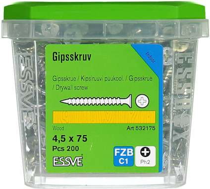 Förpackning med gipsskruv, grönt lock, text "Gipsskruv 4,5 x 75 Pcs 200 Art 532175".