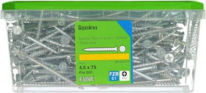 Plastlåda med gipsskruv, etikett med texten: "Gipsskruv 4,5 x 75, 200 st, Art 632175".