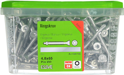 Plastlåda med 250 vingskruvar 4,8x65 mm från Essve, grön etikett med produktinformation.