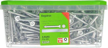 Plastlåda med 250 vingkruvar, storlek 4,8x65, grön etikett och lock.