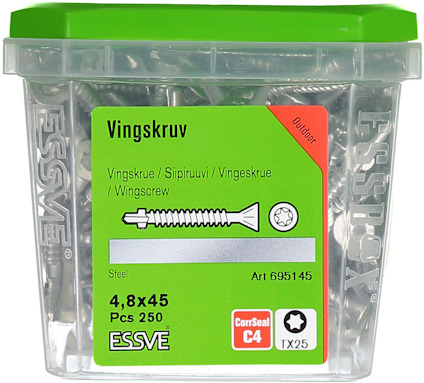 Plastburk med 250 vingskruvar, storlek 4,8x45, av stål. Märkt med "ESSVE", "CorrSeal C4" och "TX25".