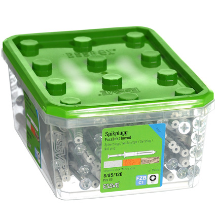 Förpackning med ESSVE spikplugg, försänkt huvud, grön lock, etikett med produktinformation.