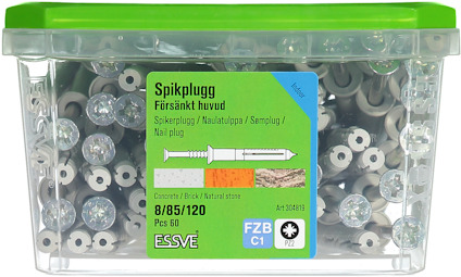 Låda med spikpluggar, Essve, för försänkt huvud, 60 stycken.