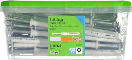 Förpackning med 50 spikpluggar, för sänkt huvud, storlek 8/65/120. Art nr 518885, FZB C1.