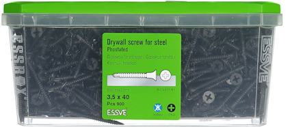 Låda med gipsskruvar i stål, ESSVE, 3,5 x 40 mm, PZ2, 900 st. Grön lock, produktnummer 631141.