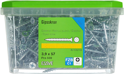 Plastlåda med 500 gipsskruvar 3,9 x 57 mm från ESSVE, märkta FZB C1, och etikett med produktspecifikationer.