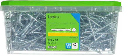 Plastlåda med 500 gipsskruvar, 3.9 x 57 mm, märkt med ESSVE.