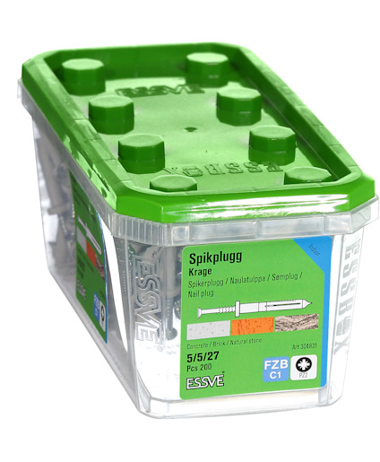 Plastförpackning med grönt lock innehållande Spikplugg Krage, 200 st, av märket ESSVE.
