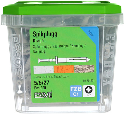 Förpackning med spikplugg från Essve, innehåller 200 stycken. Märkt för betong, tegel och natursten.