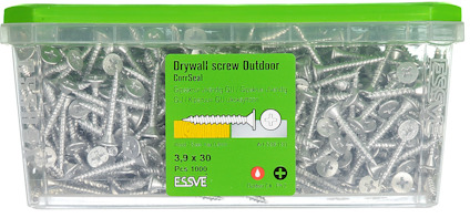 Skruvlåda med texten: "Drywall screw Outdoor, 3.9 x 30, 100 Pcs, Art 5051130, ESSVE".