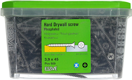 Plastlåda med svarta gipsskruvar, etikett: "Hard Drywall screw Phosphated, 3.9 x 45, Pcs 900".
