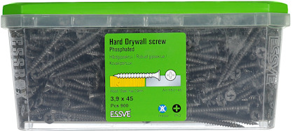 Förpackning med svarta gipsskruvar, text: "Hard Drywall screw Phosphated, 3.9x45, 900 st".
