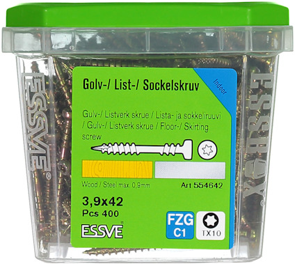 Plastlåda med skruv, etikett: "Golv-/ List-/ Sockelskruv, 3,9x42, 400 st, ESSVE".